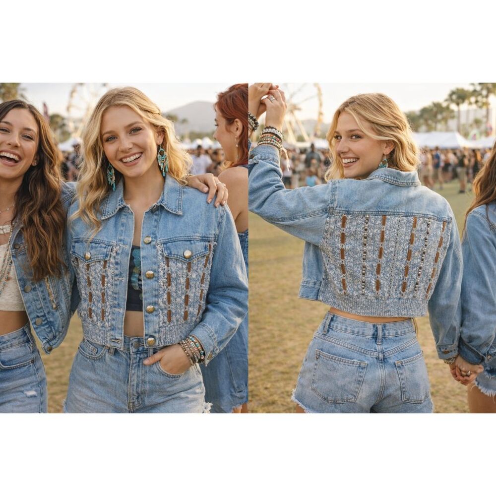 Vintage 90s Cache Cropped Denim Jacket Knit Panel Suede Ribbon Boho Festival Y2K
